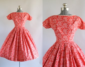 Vintage 1950s Dress / 50s Cotton Dress / Lanz Originals Red and White Novelty Print Dress w/ Waist Tie S