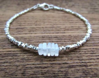 Moonstone Bracelet, Hill Tribe Silver Bracelet, June Birthstone Bracelet, Moonstone Gemstone Bracelet, Stack Bracelet, Bead Bracelet