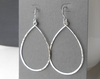 Large Sterling Silver Hoop Earrings, Thin Silver Teardrop Dangle Hoops, Wire Jewelry