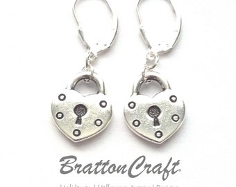 Silver Heart Lock Earrings - Silver Heart Earrings - Mother's Day Earrings - Valentine Earrings - Heart Lock Charm Earrings