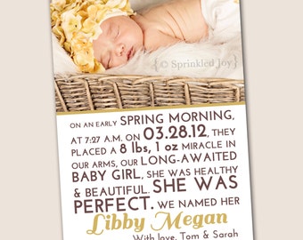 Birth Story - Birth Announcement, 4x6, 5x7, 6x7.5 Fully Customizable Digital File