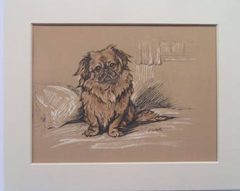 Pekinese dog print by Lucy Dawson dated 1935 in 9"x9" mount ready to frame