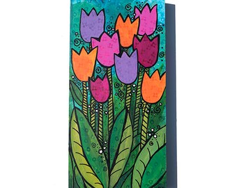 Tulip Painting - Orange, Pink, and Purple Flowers on Green and Blue - Original Mixed Media Art - Floral Wall Art Decor by Claudine Intner