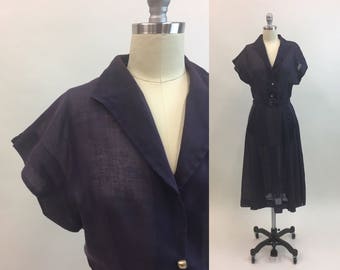 Vintage 1950s sheer Voile House Dress / 50s Summer cotton See Thru Eggplant Color Dress