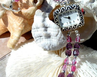 Silver Watch, Plum with Pink Glass Beads Jewelry W080