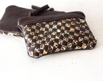 Handwoven brown leather with patterned leather zipper pouch coin purse zipper case small money bag credit card zip purse - The Leto pouch