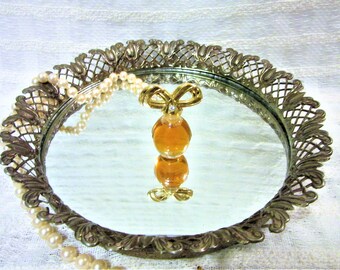 Vintage Mirror Round Gold Tone Metal Vanity Tray or Wall Decor Perfume Jewelry blm