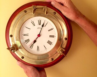 Nautical Solid Brass Port Hole Clock Brass & Wood Boating Beach House Decor Shabby Chic