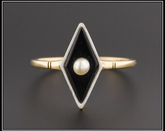 Art Deco Onyx & Enamel Ring | 14k Gold Onyx and Pearl Ring | Vintage Onyx Ring | Vintage Ring | 14k Gold Ring