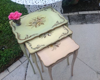 Handpainted Shabby Chic Nesting Tables / Romantic Homes pinks, greens and yellow / Romantic Cottage Style at Retro Daisy Girl