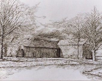 Pen and Ink Drawing PRINTof Original Pen Drawing,Landscape,Old Barn,Countryscape,"At The Crossroads"Clouds,Realistic Drawing,Room Wall Decor