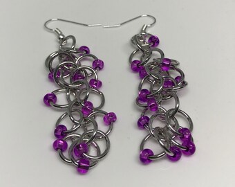 Silver and Purple Beaded Shaggy Loops Chainmaille Dangle Earrings