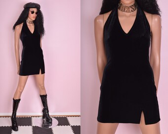 90s Black Velvet Halter Dress/ Small/ 1990s