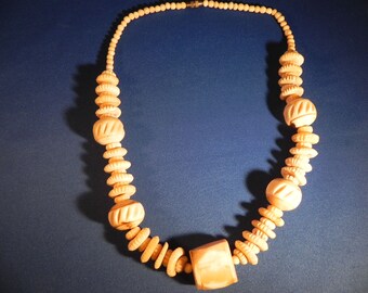 Vintage Necklace Handcarved Bone with Brass Barrel Clasp
