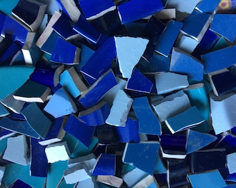 Blue Mosaic Tiles - 200 Solid Color Mix cut from Broken Plates