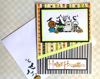 Happy Halloween Greeting Card - Pumpkin Witch Ghost Skelation - Handmade Paper Card for kids or Adults