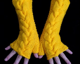 Knit Yellow Fingerless Gloves Cabled Arm Wrist Warmers
