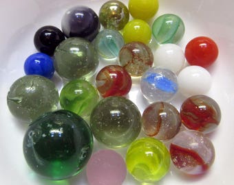 24 Antique Glass Marbles, Handmade, Vintage, Shooter, Clear, Translucent, Purie, Bubbles, Melonballs/Opaque Glass, Fold, Crease Transitional