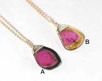 Watermelon Tourmaline necklace, AAA Tourmaline slice pendant necklace, October Birthstone jewelry gold filled, Layering pendant necklace