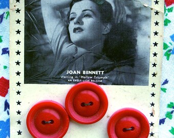 Vintage Prevue Movie Buttons on Original Card -- RARE -- Joan Bennett - 3 RED Buttons