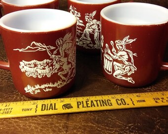 Set of 4 Vintage Milk glass Hazel Atlas Child's Mugs with Indian Scenes