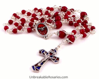 Red Jade Unbreakable Holy Spirit Rosary Beads w Stained Glass Style Enamel Crucifix by Unbreakable Rosaries