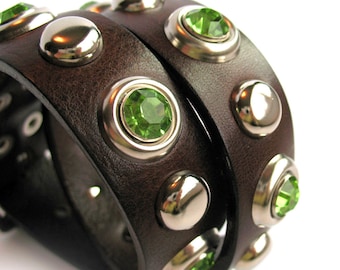 Chocolate Brown Leather Dog Collar with Mint Gems and Silver Studs, Size M/L, to fit a 17-20 Neck, Seattle Handmade, EcoFriendly, OOAK