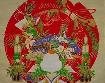 Small Size Cotton 'Oshogatsu Mochi' New Year's Motif Furoshiki Japanese Fabric w/Free Insured Shipping