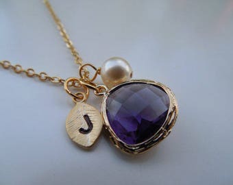 Bridesmaid Gift, Gold or Silver Amethyst Necklace, February Birthstone Necklace with Initial Leaf, Jewel, Pearl, Birthday Gift