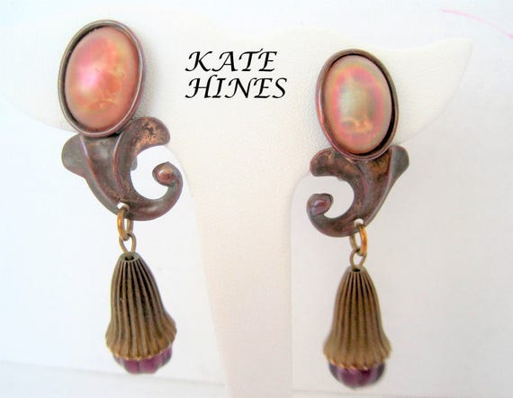 Kate Hines Earrings, Modernist Mixed Metal, Glass Base, Clip Ons - Designer Earrings