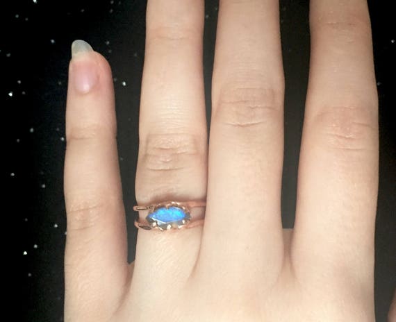 Solid Rose Gold 10K Labradorite Double Banded Blue/Purple Flash Ring Solitaire 925 Polished Bright Finish Any size