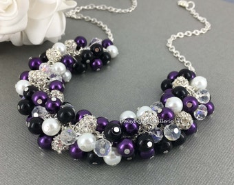 Bridesmaid Jewelry Black Purple White Cluster Necklace Purple and Black Necklace Bridal Necklace Pearl Jewelry