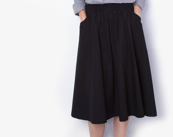 Elastic waist skirt /\ Black circle skirt /\ Customizable gather skirt /\ Midi cotton skirt /\ Gathered elasticated skirt