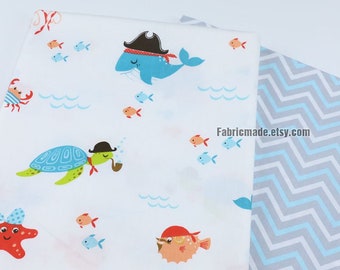 Cartoon Marine Animal Cotton Fabric Cloth - Little Sea Turtle Jellyfish - 1/2 yard
