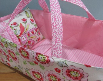 Doll Carrier, Will Fit Bitty Baby and Wellie Wisher Dolls, Soft Pink Modern Print with Flowers, Pink Lining, 16 Inches Long, Doll Basket