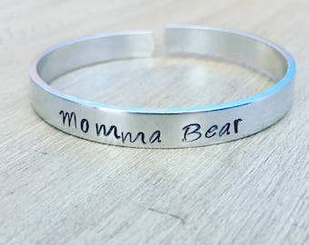 Momma Bear Hand Stamped Cuff Bracelet, mama bear cuff bracelet, momma bear jewelry, mama bear jewelry