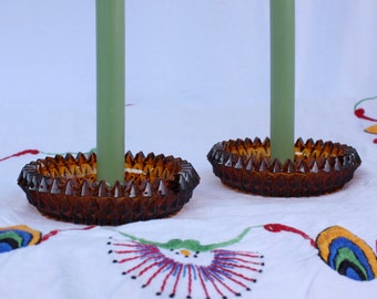 Pair of Amber Glass Candle Holders, vintage mid century
