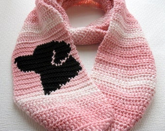 Black Lab Cowl Scarf. Pink stripe infinity crochet scarf with a black Labrador retriever. Circle dog scarf. Labrador gift