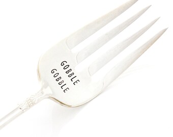 Serving Fork. Gobble Gobble. Stamped Silverware for Thanksgiving table decor. Meat Fork, Turkey Fork.