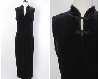 Black Velvet Fitted Formal Length Cheongsam Cocktail Dress Sleeveless Body Con Long Party LBD Small Medium
