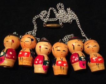 Vintage Asian Wooden Doll Charm Necklace