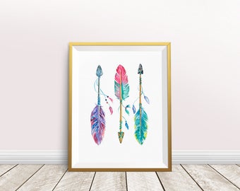 Boho Chic Nursery Wall Art, Boho Tribal Nursery, Arrows and Feathers Printable, Above Crib Decor, Kids Room Decor, Instant Download
