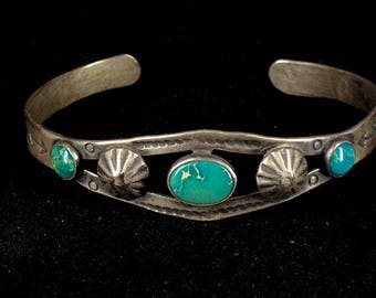 Vintage Old Fred Harvey Era Cuff Bracelet Sterling Silver with Turquoise and Silver Work Stamping