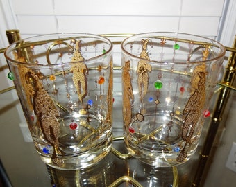 Mardi Gras Double Old Fashioned Culver Barware, Jester 1960s Set of Two Bar Glasses, Gold Harlequin Musicians With Gems, Mid Century Barware