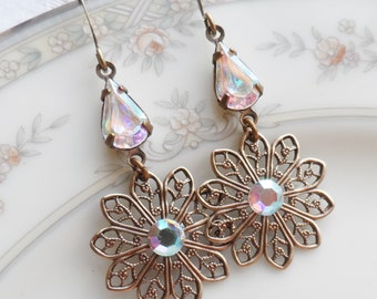 Sale- AB Swarovski Crystal - Vintage Glass Teardrop Earring, Antique Brass