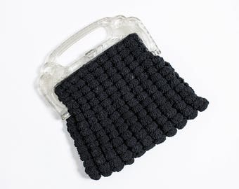 Vintage 30s Purse - Black Crochet Clear Celluloid Carved Handle Deco Clutch Bag - 1930s