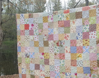 Full size READY TO SHIP Quilt, 81 X 81, Cottage Chic--double, Cotton--flowers, checks, pink, yellow, green, floral, scrappy, traditional