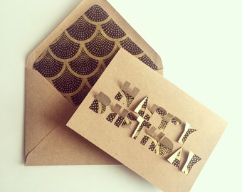 Handcut Happy Birthday card with lined envelope