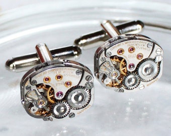 LONGINES Steampunk Cufflinks - Luxury Swiss Silver Vintage Watch Movement - MATCHING Men Steampunk Cufflinks Cuff Links Men Fathers Day Gift