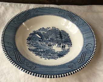 Royal China Soup Bowls Currier and Ives Blue and White Transferware / Underglaze Print/ Early Winter / USA